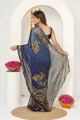 blue floral foil print lace border chiffon saree with unstiched blouse piece 4