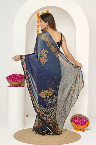 blue floral foil print lace border chiffon saree with unstiched blouse piece