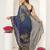 blue floral foil print lace border chiffon saree with unstiched blouse piece