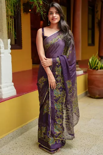 purple floral foil print lace border chiffon saree with unstiched blouse piece