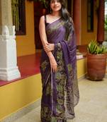 purple floral foil print lace border chiffon saree with unstiched blouse piece