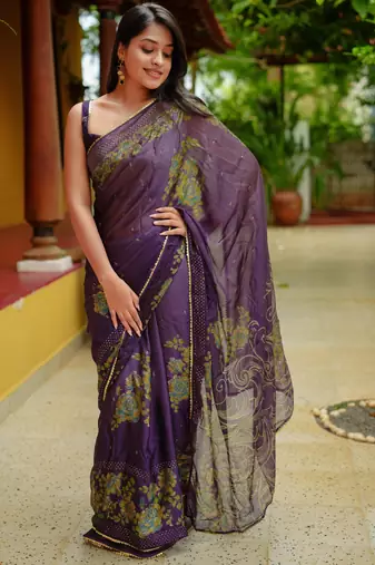 purple floral foil print lace border chiffon saree with unstiched blouse piece