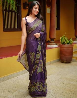 purple floral foil print lace border chiffon saree with unstiched blouse piece 3