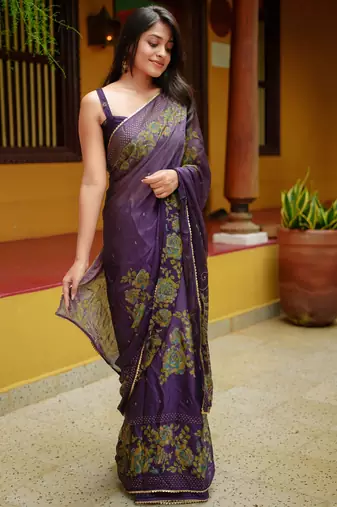 purple floral foil print lace border chiffon saree with unstiched blouse piece