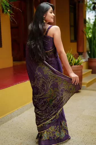 purple floral foil print lace border chiffon saree with unstiched blouse piece