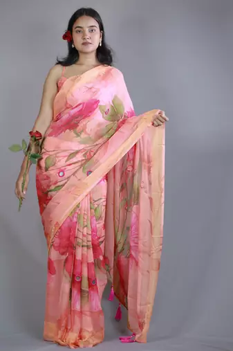 peach pink floral print zari border chiffon saree with unstiched blouse piece