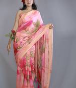 peach pink floral print zari border chiffon saree with unstiched blouse piece