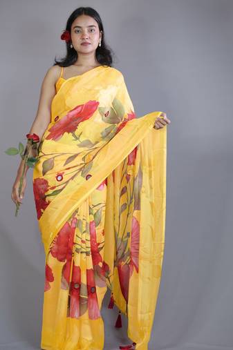 yellow floral print zari border chiffon saree with unstiched blouse piece