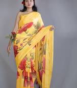 yellow floral print zari border chiffon saree with unstiched blouse piece