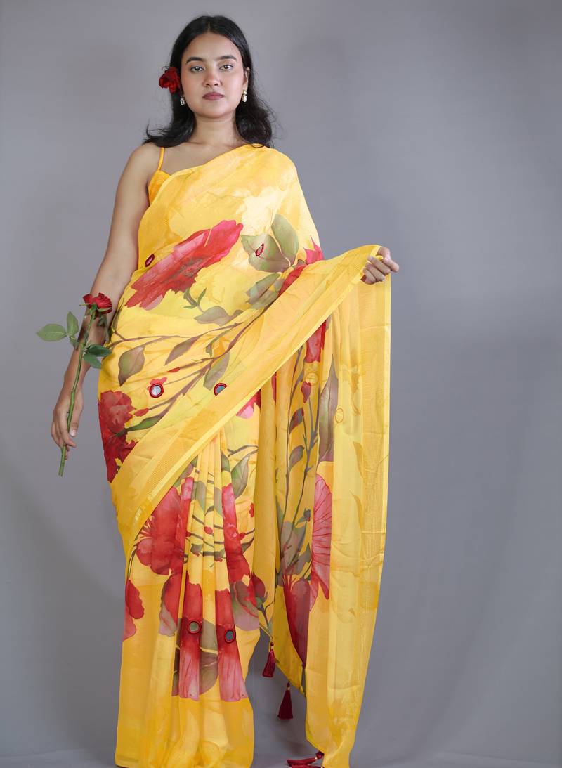 yellow floral print zari border chiffon saree with unstiched blouse piece