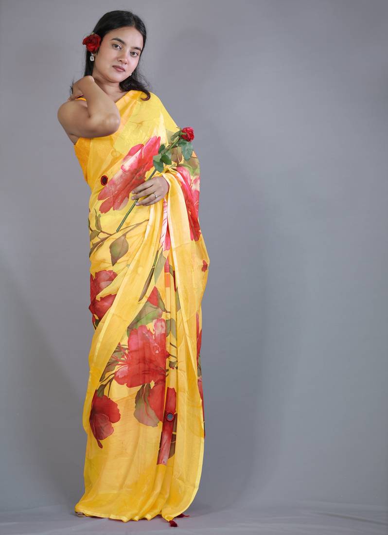 yellow floral print zari border chiffon saree with unstiched blouse piece