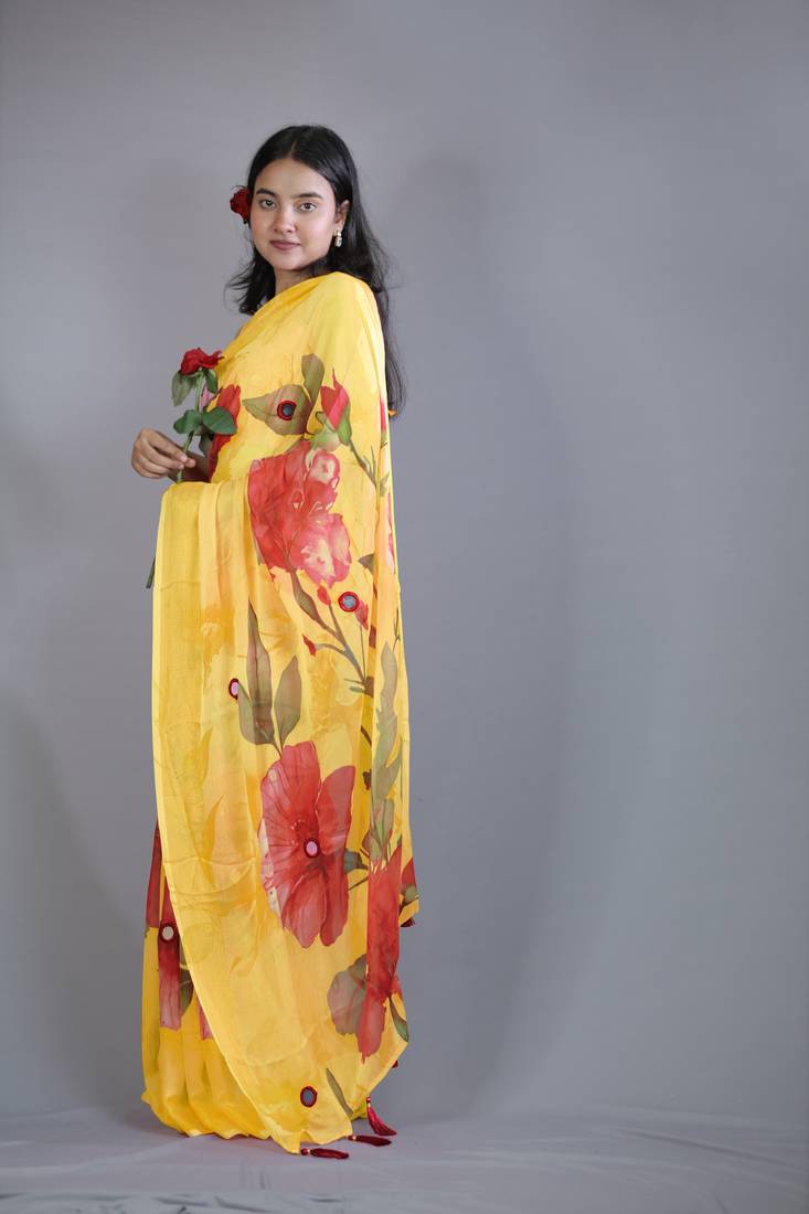 yellow floral print zari border chiffon saree with unstiched blouse piece