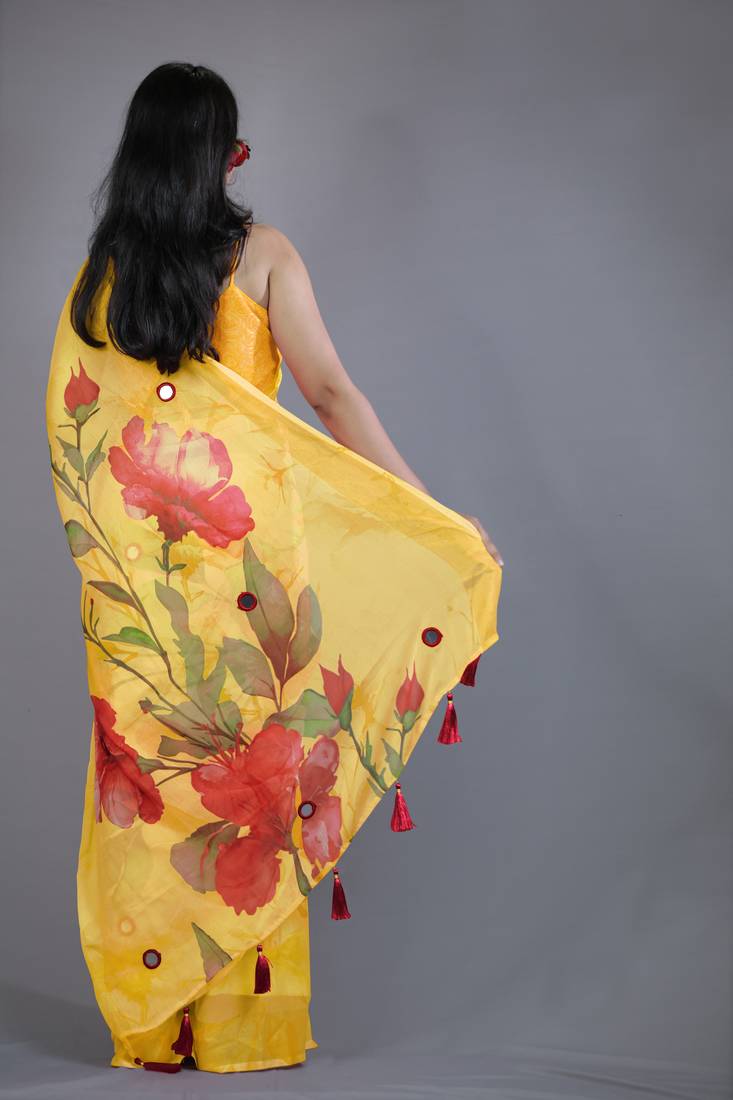 yellow floral print zari border chiffon saree with unstiched blouse piece