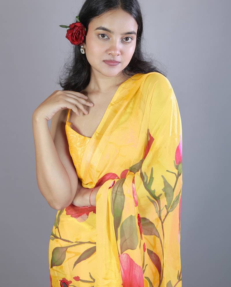yellow floral print zari border chiffon saree with unstiched blouse piece