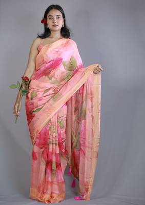 yellow floral print zari border chiffon saree with unstiched blouse piece 1