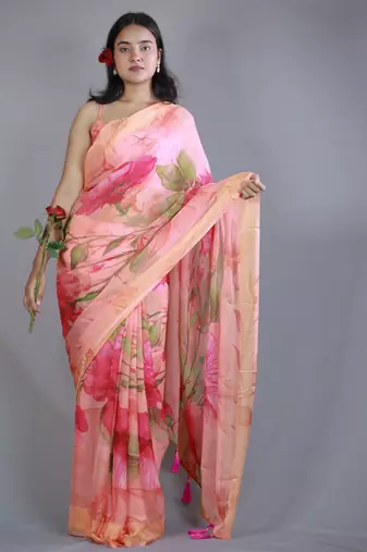 peach pink floral print zari border chiffon saree with unstiched blouse piece