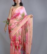 peach pink floral print zari border chiffon saree with unstiched blouse piece
