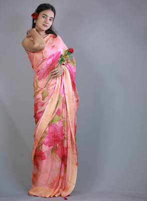 yellow floral print zari border chiffon saree with unstiched blouse piece 2