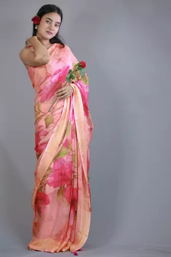yellow floral print zari border chiffon saree with unstiched blouse piece