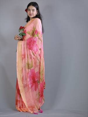 yellow floral print zari border chiffon saree with unstiched blouse piece 3