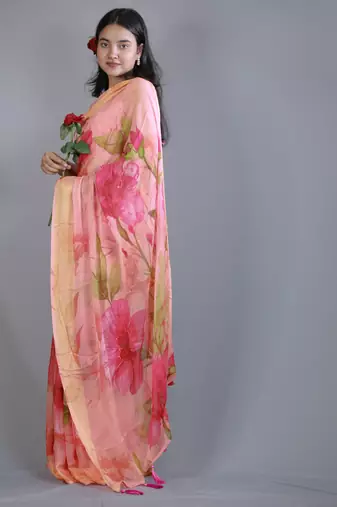 yellow floral print zari border chiffon saree with unstiched blouse piece