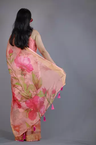 yellow floral print zari border chiffon saree with unstiched blouse piece