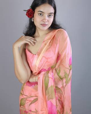 yellow floral print zari border chiffon saree with unstiched blouse piece 5