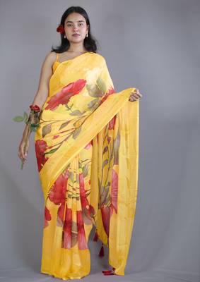 yellow floral print zari border chiffon saree with unstiched blouse piece 1