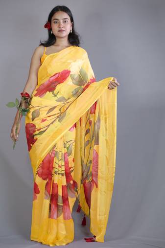 yellow floral print zari border chiffon saree with unstiched blouse piece