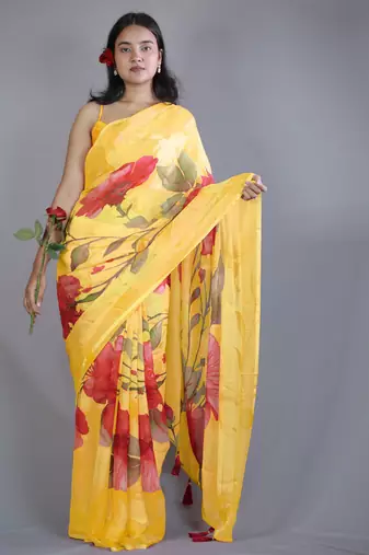 yellow floral print zari border chiffon saree with unstiched blouse piece