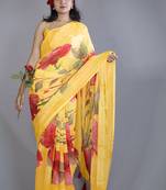 yellow floral print zari border chiffon saree with unstiched blouse piece