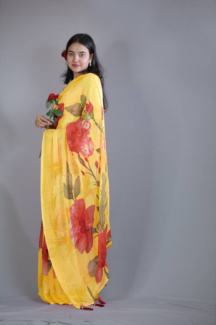 yellow floral print zari border chiffon saree with unstiched blouse piece