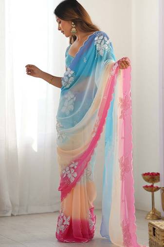 rich georgette art silk saree with beautiful multi-tone embroidery work – supreme quality with banglori art silk blouse