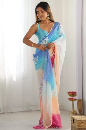 rich georgette art silk saree with beautiful multi-tone embroidery work – supreme quality with banglori art silk blouse