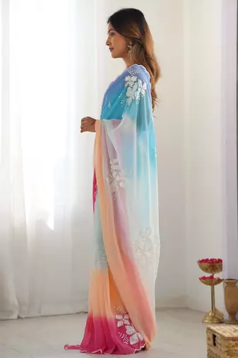 rich georgette art silk saree with beautiful multi-tone embroidery work – supreme quality with banglori art silk blouse