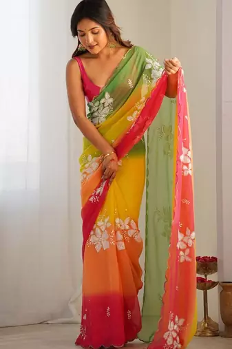 rich georgette art silk saree with beautiful multi-tone embroidery work – supreme quality with banglori art silk blouse