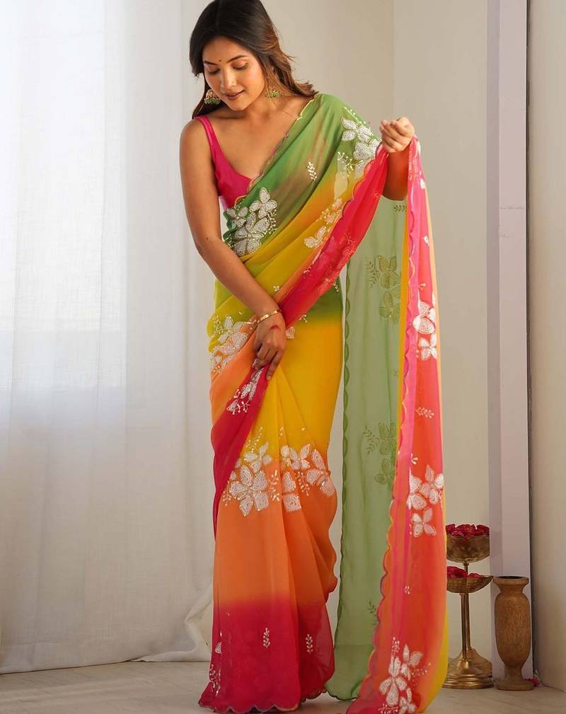 rich georgette art silk saree with beautiful multi-tone embroidery work – supreme quality with banglori art silk blouse