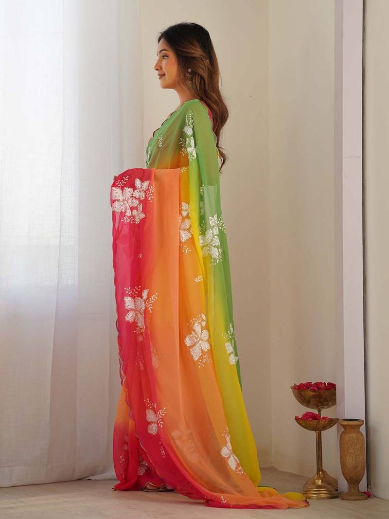 rich georgette art silk saree with beautiful multi-tone embroidery work – supreme quality with banglori art silk blouse
