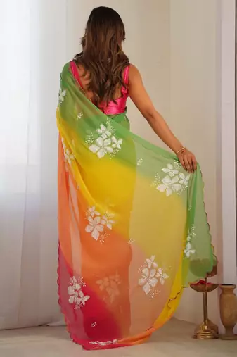 rich georgette art silk saree with beautiful multi-tone embroidery work supreme quality with banglori art silk blouse
