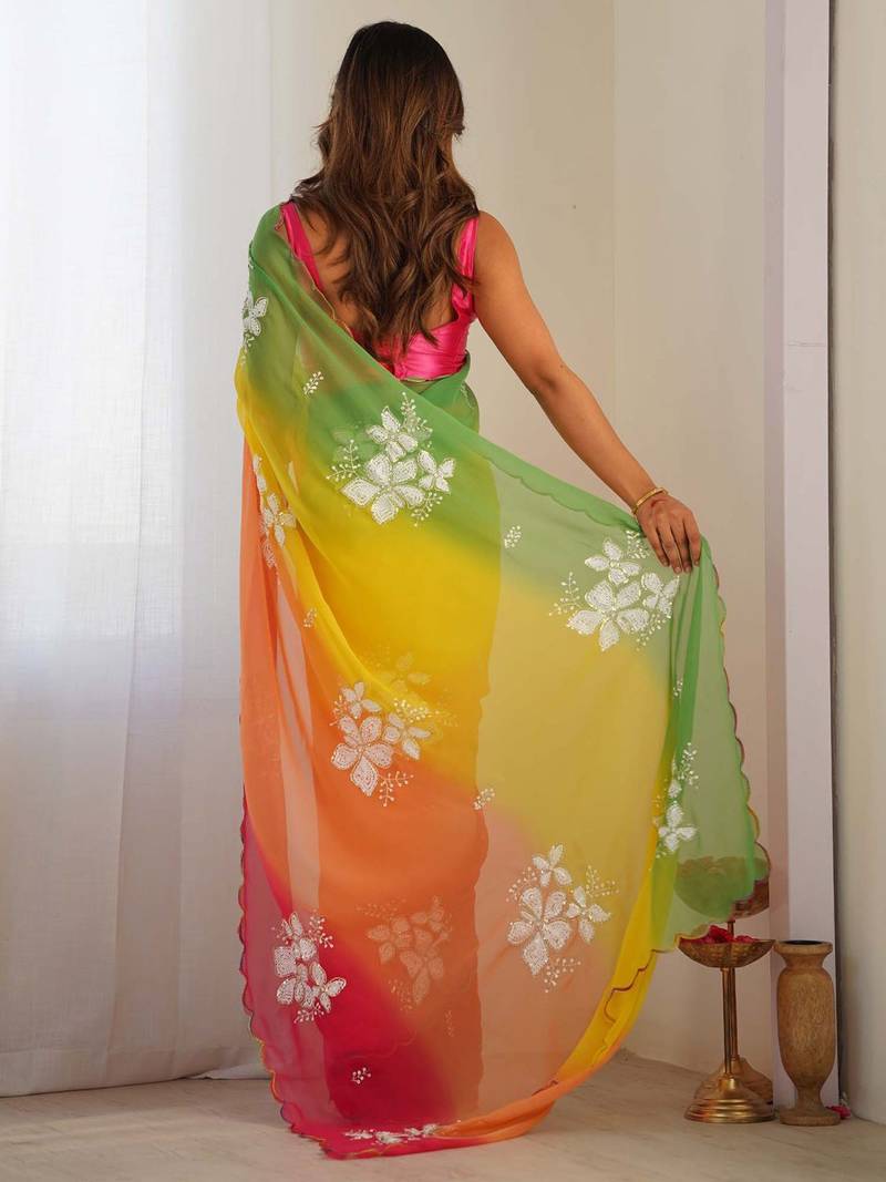 rich georgette art silk saree with beautiful multi-tone embroidery work – supreme quality with banglori art silk blouse