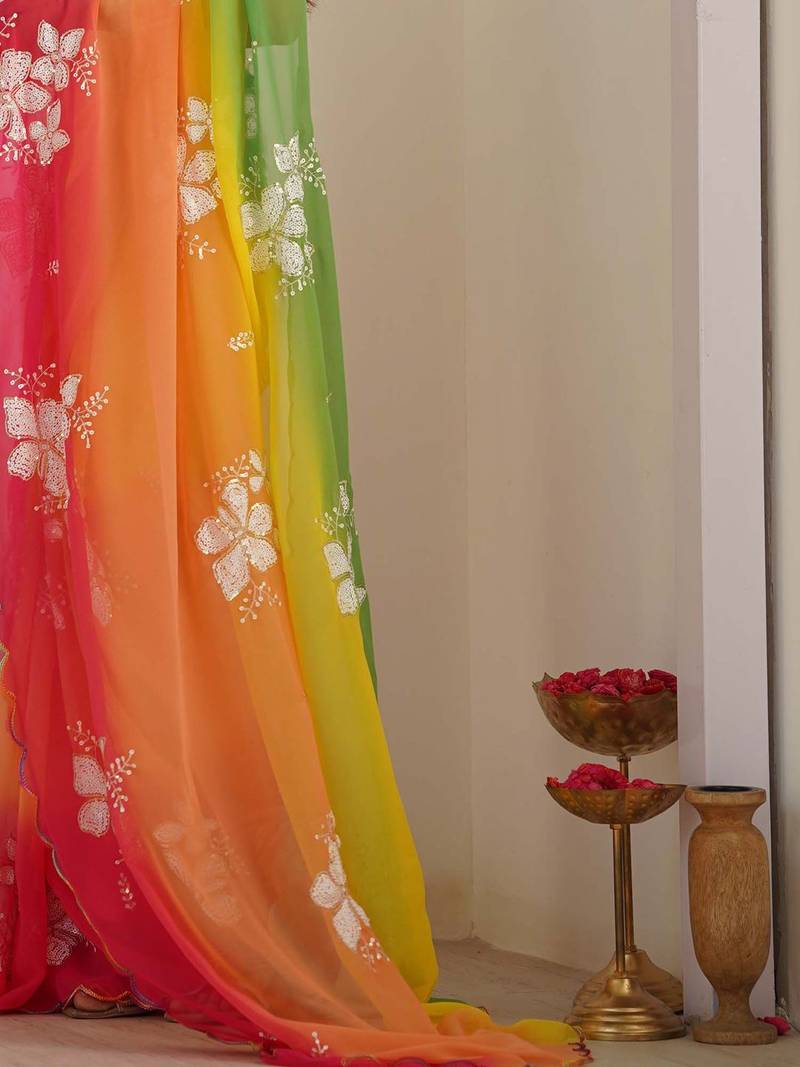 rich georgette art silk saree with beautiful multi-tone embroidery work – supreme quality with banglori art silk blouse