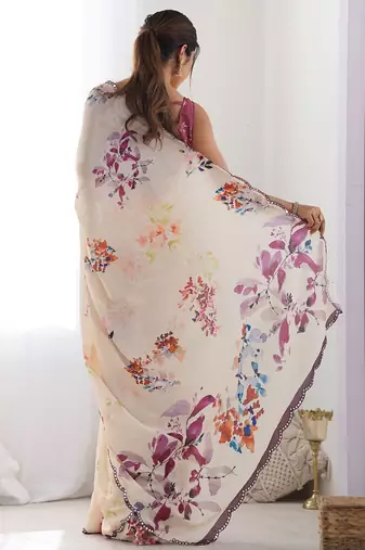  georgette art silk blend saree with mirror work border & multi-tone print & festive saree for women