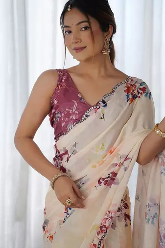  georgette art silk blend saree with mirror work border & multi-tone print & festive saree for women
