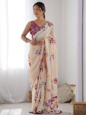  georgette art silk blend saree with mirror work border & multi-tone print & festive saree for women 5
