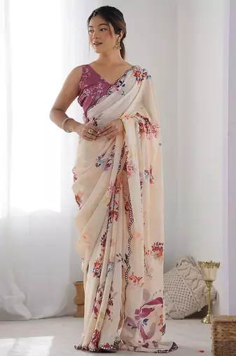  georgette art silk blend saree with mirror work border & multi-tone print & festive saree for women