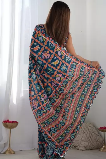  georgette art silk blend saree with mirror work border & multi-tone print & festive saree for women