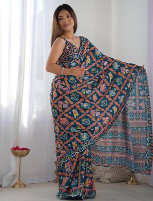  georgette art silk blend saree with mirror work border & multi-tone print & festive saree for women 5