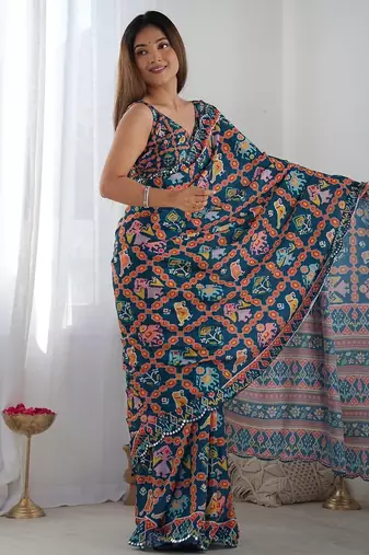  georgette art silk blend saree with mirror work border & multi-tone print & festive saree for women