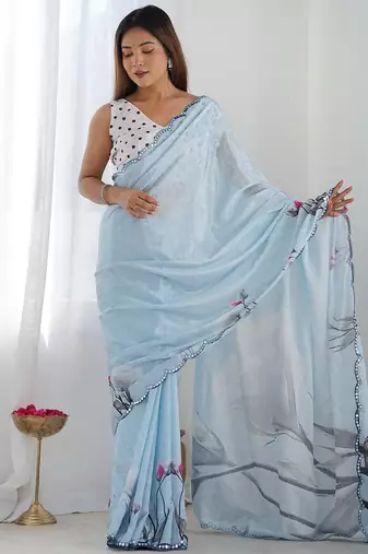  georgette art silk blend saree with mirror work border & multi-tone print & festive saree for women