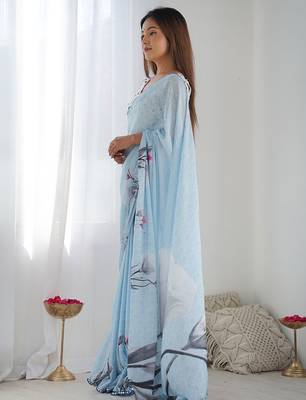  georgette art silk blend saree with mirror work border & multi-tone print & festive saree for women 5
